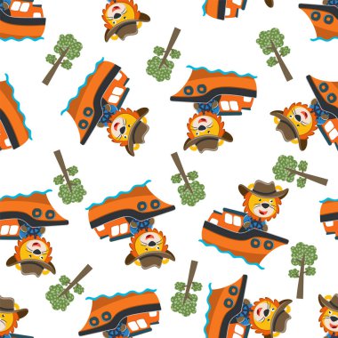 Çizgi film tarzında küçük bir teknede kusursuz bir komik aslan deseni. Tişört baskısı için, çocuklar moda tasarımları, bebek partisi davetiyeleri ve diğer dekorasyonlar için kullanılabilir.