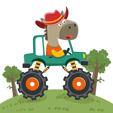 Komik hayvan sürücüsüyle canavar kamyonun vektör çizimi. Tişört baskısı için kullanılabilir, çocuklar moda tasarımı giyebilir, davetiye kartı takabilir. kumaş, tekstil, çocuk odası duvar kağıdı, poster ve diğer dekorasyonlar