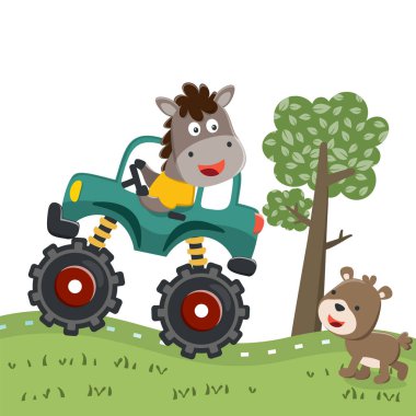 Komik hayvan sürücüsüyle canavar kamyonun vektör çizimi. Tişört baskısı için kullanılabilir, çocuklar moda tasarımı giyebilir, davetiye kartı takabilir. kumaş, tekstil, çocuk odası duvar kağıdı, poster ve diğer dekorasyonlar