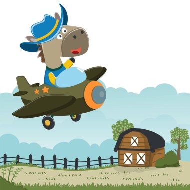 Uçakta uçan komik atın vektör çizimi. Kumaş tekstil, çocuk odası duvar kâğıdı, kart, poster ve diğer dekorasyonlar için çocuksu bir geçmiş. Vektör illüstrasyonu.