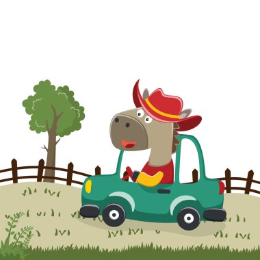 Araba süren şirin at orman komik hayvan çizgi filmine gidiyor. Kumaş, tekstil, bebek odası duvar kâğıdı, poster, kart, broşür için yaratıcı çocuksu bir geçmiş. ve diğer dekorasyon.