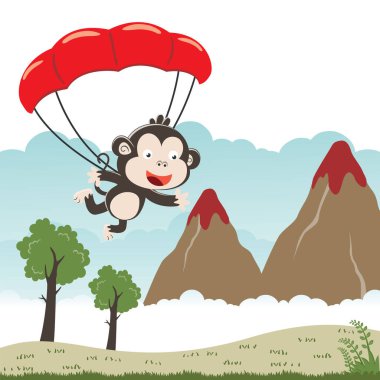 Paraşütle uçan şirin bir maymunun vektör çizimi. Çizgi film tarzında. Kumaş tekstil, bebek odası duvar kağıdı, poster, kart, broşür için yaratıcı çocuksu bir arka plan. vektör illüstrasyonu