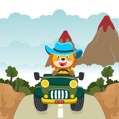 Tatlı aslan çizgi filmi güneşli bir günde araba sürerken eğleniyor. Kumaş tekstil, çocuk odası duvar kâğıdı, kart, poster ve diğer dekorasyonlar için çocuksu bir geçmiş. Vektör illüstrasyonu.