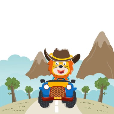 Tatlı aslan çizgi filmi güneşli bir günde araba sürerken eğleniyor. Kumaş tekstil, çocuk odası duvar kâğıdı, kart, poster ve diğer dekorasyonlar için çocuksu bir geçmiş. Vektör illüstrasyonu.