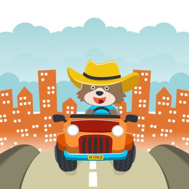 Tatlı ayı çizgi filmi güneşli bir günde araba sürerken eğleniyor. Kumaş tekstil, çocuk odası duvar kâğıdı, kart, poster ve diğer dekorasyonlar için çocuksu bir geçmiş. Vektör illüstrasyonu.