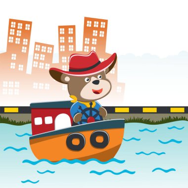 Çizgi film tarzıyla küçük bir teknede komik ayı çizgi film vektörü. Kumaş, tekstil, bebek odası duvar kâğıdı, poster, kart, broşür için yaratıcı çocuksu bir geçmiş. ve diğer dekorasyon.