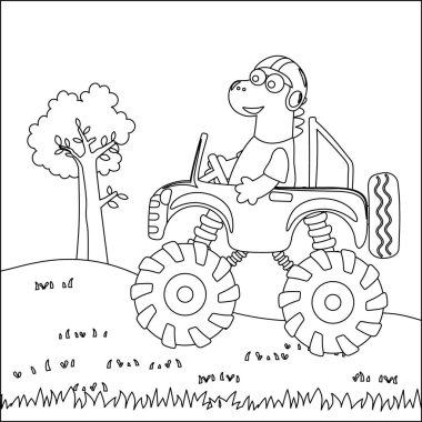 Şirin bir hayvan sürücüsü olan canavar kamyonun vektör çizimi. Çizgi film izole vektör çizimi, çocuk aktivite kitabı veya sayfa boyama için yaratıcı vektör tasarımı.