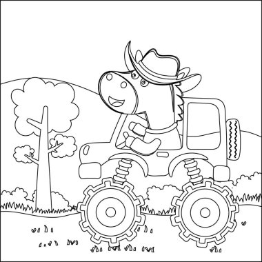 Şirin bir hayvan sürücüsü olan canavar kamyonun vektör çizimi. Çizgi film izole vektör çizimi, çocuk aktivite kitabı veya sayfa boyama için yaratıcı vektör tasarımı.