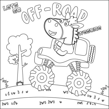 Şirin bir hayvan sürücüsü olan canavar kamyonun vektör çizimi. Çizgi film izole vektör çizimi, çocuk aktivite kitabı veya sayfa boyama için yaratıcı vektör tasarımı.