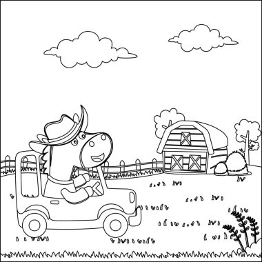 Araba süren şirin küçük at orman komik hayvan çizgi filmine gidiyor çizgi çizen el çizimi çizimi çizen çocuk grafiği Yetişkin ve Çocuk Boyama Kitabı için çizim çizimi yapıyor..