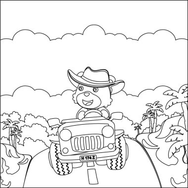 Tatlı ayı çizgi filmi güneşli bir günde araba sürerken eğleniyor. Çizgi film izole vektör çizimi, çocuk aktivite kitabı veya sayfa boyama için yaratıcı vektör tasarımı.