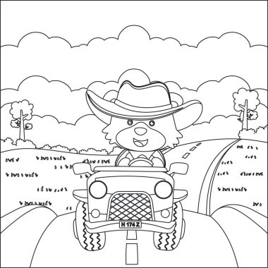 Tatlı ayı çizgi filmi güneşli bir günde araba sürerken eğleniyor. Çizgi film izole vektör çizimi, çocuk aktivite kitabı veya sayfa boyama için yaratıcı vektör tasarımı.