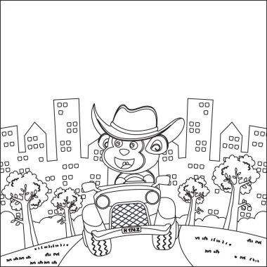 Tatlı maymun çizgi filmi güneşli bir günde araba sürerken eğleniyor. Çizgi film izole vektör çizimi, çocuk aktivite kitabı veya sayfa boyama için yaratıcı vektör tasarımı.