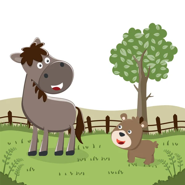 Çiftlikte mutlu at ve küçük ayı çizgi filmi. Ahırı ve yeşil tarlası var. Doğa ve ülke kavramı. Kumaş tekstil, çocuk odası duvar kağıdı, poster ve diğer dekorasyonlar için vektör çocuksu arka plan.