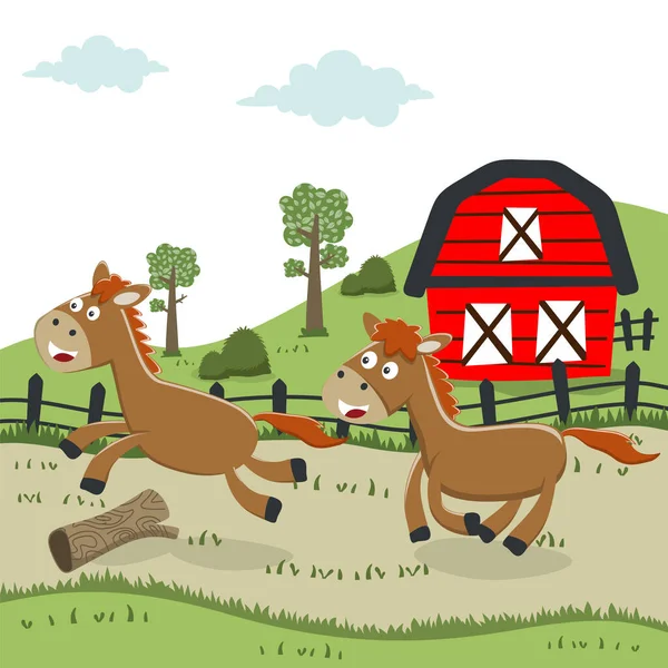 Happy Two Horse Cartoon Farm Barn Green Field Nature Country — Stockvektor