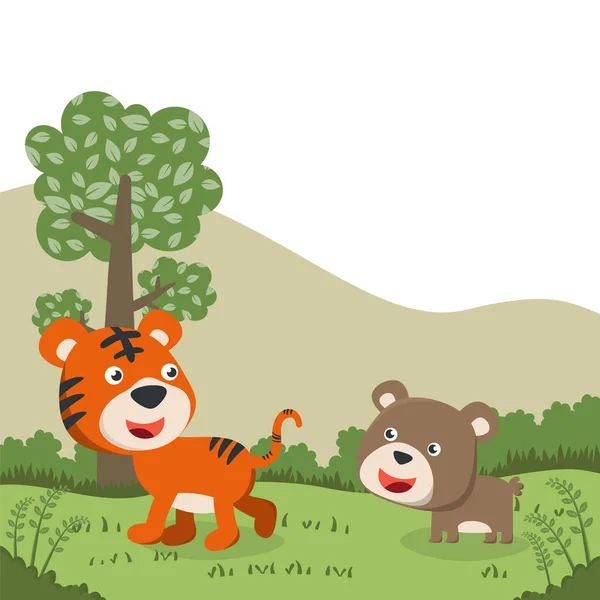 Dibujos Animados Animales Salvajes Concepto Tigre Lindo Oso Selva Fondo — Archivo Imágenes Vectoriales