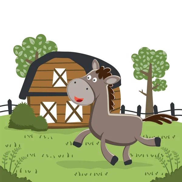 Çiftlikte ahırı ve yeşil tarlası olan mutlu at çizgi filmi. Doğa ve ülke kavramı. Kumaş tekstil, çocuk odası duvar kağıdı, kart, poster ve diğer dekorasyonlar için vektör çocuksu arkaplan.
