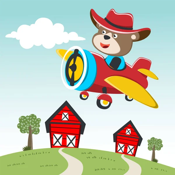 Uçakta uçan sevimli bebek ayı. Kumaş tekstil, çocuk odası duvar kâğıdı, kart, poster ve diğer dekorasyonlar için çocuksu bir geçmiş. Vektör illüstrasyonu.