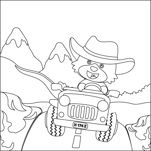 Tatlı maymun çizgi filmi güneşli bir günde dağda off-road araba sürerken eğleniyor. Çizgi film izole vektör çizimi, çocuk aktivite kitabı veya sayfa boyama için yaratıcı vektör tasarımı.