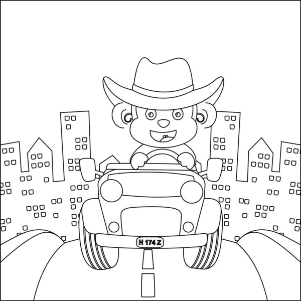 Netter Affe Cartoon Spaß Beim Fahren Eines Geländewagens Den Bergen — Stockvektor