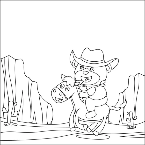 Küçük Kovboy 'un ata binerken ki görüntüsü. Çizgi film izole vektör çizimi, çocuk aktivite kitabı veya sayfa boyama için yaratıcı vektör tasarımı.