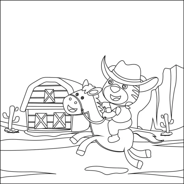 Küçük Kovboy 'un ata binerken ki görüntüsü. Çizgi film izole vektör çizimi, çocuk aktivite kitabı veya sayfa boyama için yaratıcı vektör tasarımı.