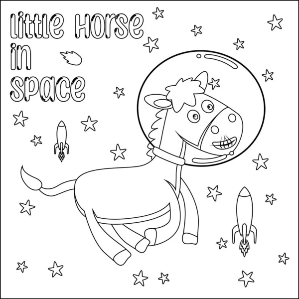 Uzayda yüzen şirin bir atın vektör çizimi. Çizgi film izole vektör çizimi, çocuk aktivite kitabı veya sayfa boyama için yaratıcı vektör tasarımı.