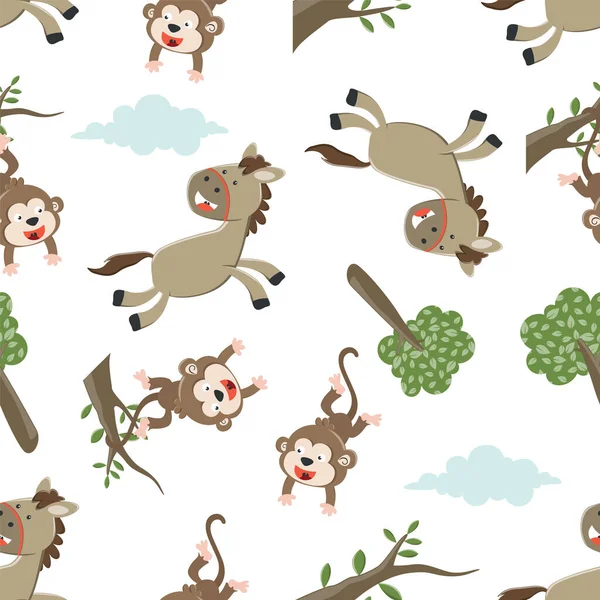 Mutlu At ve Maymun çizgi filminin kusursuz deseni, komik hayvan çizgi filmi. Kumaş tekstil, bebek odası duvar kâğıdı, poster, broşür için yaratıcı vektör çocuksu arka plan. ve diğer dekorasyon.
