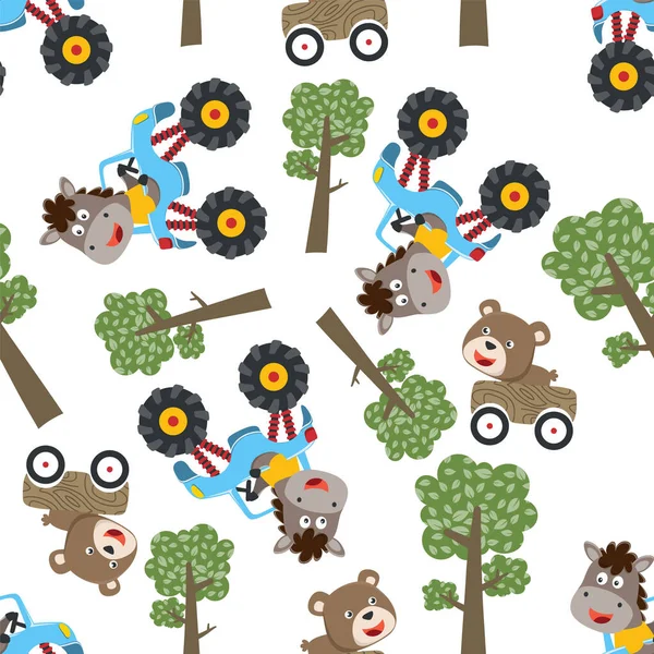 Küçük şirin at ve küçük ayının canavar araba sürüşünün kusursuz deseni orman komik hayvan çizgi filmine gidiyor. Kumaş tekstil ve diğer dekorasyonlar için yaratıcı vektör çocuksu arkaplan.