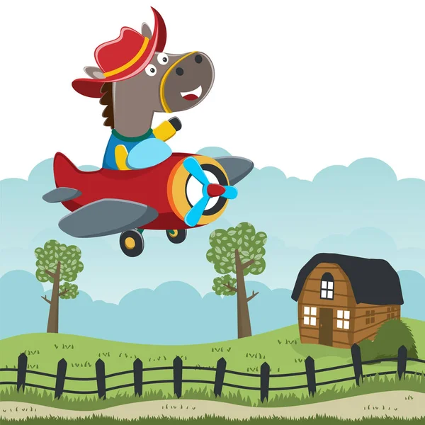 Vector Illustration Funny Horse Flying Airplane Vector Childish Background Fabric — Vettoriale Stock