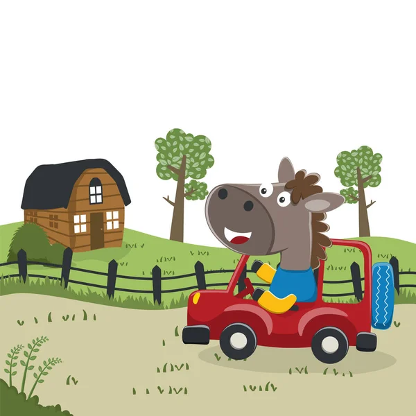 Cute Horse Driving Car Forest Funny Animal Cartoon Creative Vector — Wektor stockowy