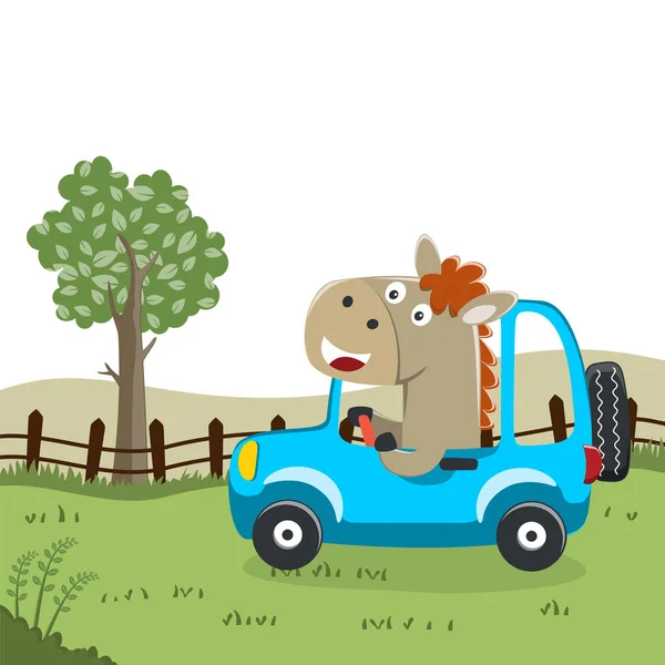 Cute horse driving a car go to forest funny animal cartoon. Creative vector childish background for fabric, textile, nursery wallpaper, poster, card, brochure. and other decoration.