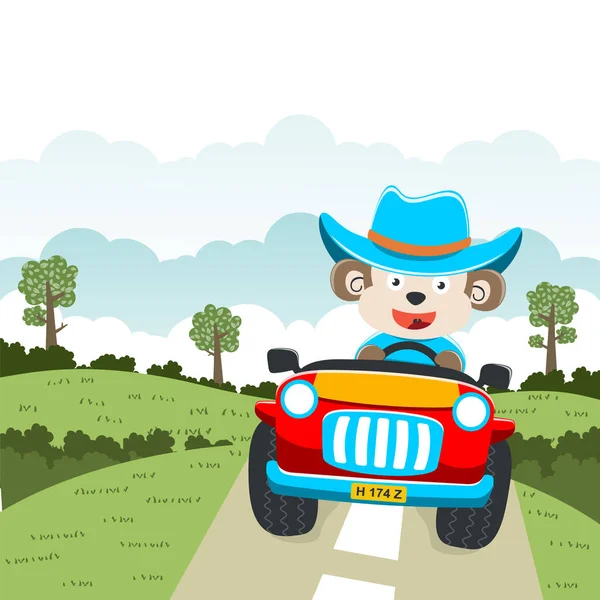 Tatlı maymun çizgi filmi güneşli bir günde araba sürerken eğleniyor. Kumaş tekstil, çocuk odası duvar kâğıdı, kart, poster ve diğer dekorasyonlar için çocuksu bir geçmiş. Vektör illüstrasyonu.