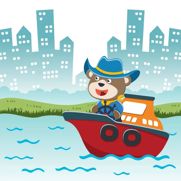Çizgi film tarzıyla küçük bir teknede komik ayı çizgi film vektörü. Kumaş, tekstil, bebek odası duvar kâğıdı, poster, kart, broşür için yaratıcı çocuksu bir geçmiş. ve diğer dekorasyon.