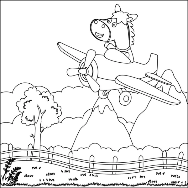 Çizgi Sanat Tasarımı, Çizgi El Çizimi, Yetişkin ve Çocuk Boyama Kitabı için Çizim Vektörü illüstrasyonuyla uçakta uçan şirin atın çizgi film çizimi.