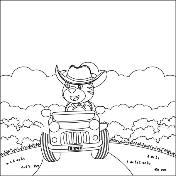 Tatlı kaplan çizgi filmi güneşli bir günde araba sürerken eğleniyor. Çizgi film izole vektör çizimi, çocuk aktivite kitabı veya sayfa boyama için yaratıcı vektör tasarımı.