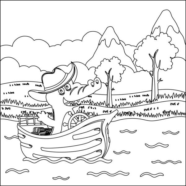 Funny Crocodile Cartoon Vector Little Boat Cartoon Style Funny Vector — Stock Vector