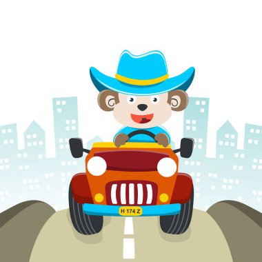 Tatlı maymun çizgi filmi off-road arabasıyla ormana giderken eğleniyor. Kumaş tekstil, çocuk odası duvar kâğıdı, kart, poster ve diğer dekorasyonlar için çocuksu bir geçmiş. Vektör illüstrasyonu.