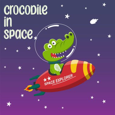 Şirin timsah astronot roketiyle oynuyor. Uzayda bir hayvan. Kumaş, tekstil, bebek odası duvar kâğıdı, poster için el yapımı çocukların resimleme arkaplanı. ve diğer dekorasyon.