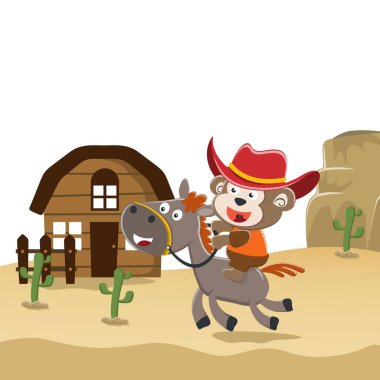 Çölde kahverengi ata binen komik maymun, çocuklar için T-Shirt Tasarımı 'nın vektör çizimi. Duvar kağıdı, poster ve diğer dekorasyonlar için yaratıcı vektör çocuksu arkaplan.