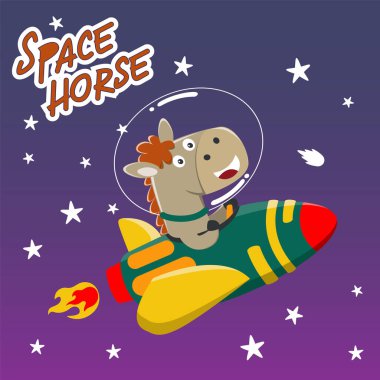 Şirin at astronotu roketiyle oynuyor. Uzayda bir hayvan. Kumaş, tekstil, bebek odası duvar kâğıdı, poster, kart için el çizimi çocuk illüstrasyonları. ve diğer dekorasyon.