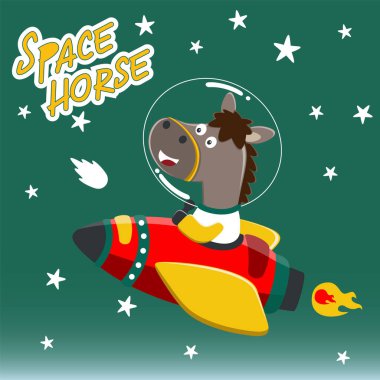 Şirin at astronotu roketiyle oynuyor. Uzayda bir hayvan. Kumaş, tekstil, bebek odası duvar kâğıdı, poster, kart için el çizimi çocuk illüstrasyonları. ve diğer dekorasyon.