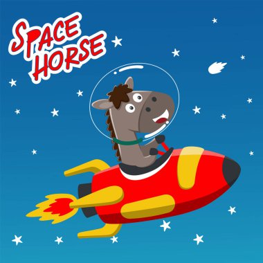 Şirin at astronotu roketiyle oynuyor. Uzayda bir hayvan. Kumaş, tekstil, bebek odası duvar kâğıdı, poster, kart için el çizimi çocuk illüstrasyonları. ve diğer dekorasyon.