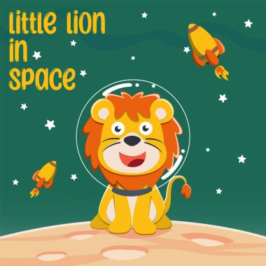 Kızıl Gezegeni keşfeden sevimli bir aslan astronot. Yaşamın izlerini arama görevi. Kumaş, tekstil, çocuk odası duvar kâğıdı ve poster için yaratıcı çocuksu bir arka plan. ve diğer dekorasyon.