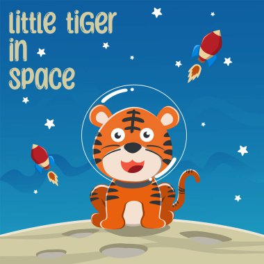 Gezegeni keşfeden sevimli kaplan astronot. Yaşamın izlerini arama görevi. Kumaş, tekstil, çocuk odası duvar kâğıdı ve poster için yaratıcı çocuksu bir arka plan. ve diğer dekorasyon.