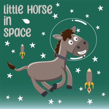 Çizgi film tarzıyla uzaydaki komik at astronotu. Tişört baskısı için kullanılabilir, çocuklar moda tasarımı giyebilir, davetiye kartı takabilir. kumaş, tekstil, çocuk odası duvar kağıdı, poster ve diğer dekorasyonlar.