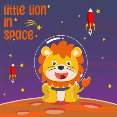 Kızıl Gezegeni keşfeden sevimli bir aslan astronot. Yaşamın izlerini arama görevi. Kumaş, tekstil, çocuk odası duvar kâğıdı ve poster için yaratıcı çocuksu bir arka plan. ve diğer dekorasyon.