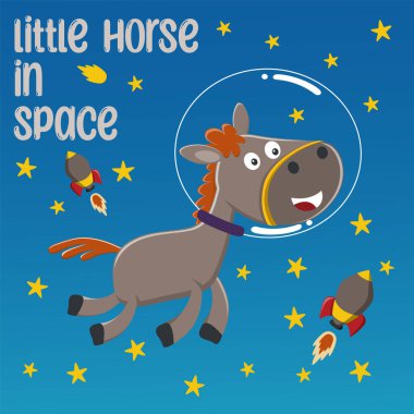 Çizgi film tarzıyla uzaydaki komik at astronotu. Tişört baskısı için kullanılabilir, çocuklar moda tasarımı giyebilir, davetiye kartı takabilir. kumaş, tekstil, çocuk odası duvar kağıdı, poster ve diğer dekorasyonlar.