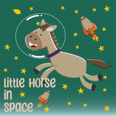 Çizgi film tarzıyla uzaydaki komik at astronotu. Tişört baskısı için kullanılabilir, çocuklar moda tasarımı giyebilir, davetiye kartı takabilir. kumaş, tekstil, çocuk odası duvar kağıdı, poster ve diğer dekorasyonlar.