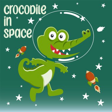 Uzayda çizgi film tarzında komik bir astronot. Tişört baskısı için kullanılabilir, çocuklar moda tasarımı giyebilir, davetiye kartı takabilir. kumaş, tekstil, çocuk odası duvar kağıdı, poster ve diğer dekorasyonlar.